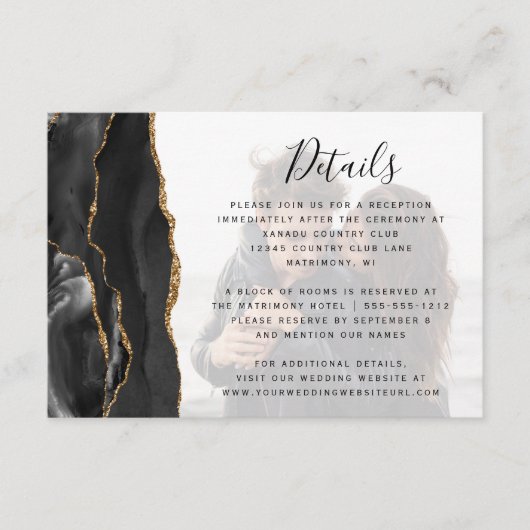 Zwart Agaat Vervaagd Foto Overlay Bruiloft Details Informatiekaartje (Voorkant)