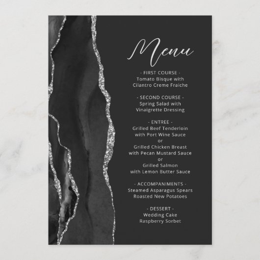 Zwart Agaat Zilver Modern Script Donker Bruiloft Menu (Voorkant)