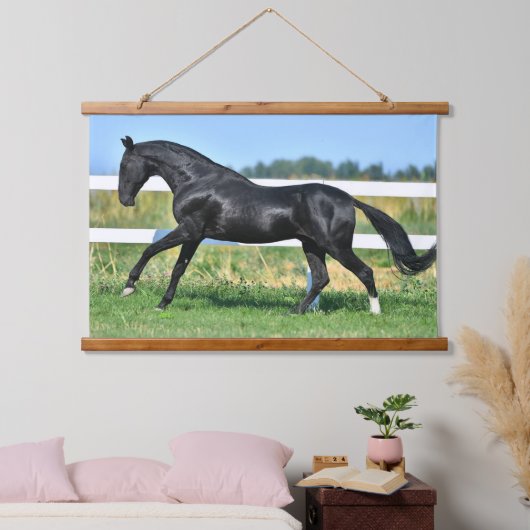 Zwart Akhal Teke hengst Galloping Paddock hek Hangend Wandkleed (Slaapkamer)
