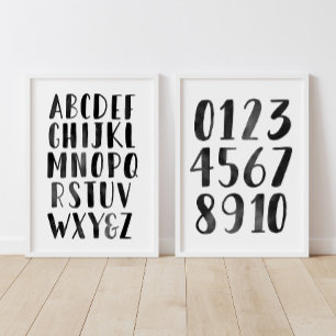 Zwart alfabet en cijfers Educatief klaslokaal Muurkunst Sets
