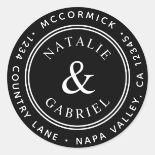 Zwart Ampersand Bruiloft Retouradres Ronde Sticker