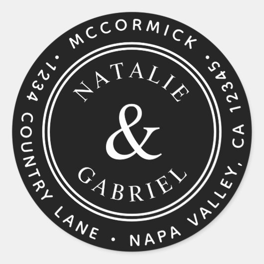 Zwart Ampersand Bruiloft Retouradres Ronde Sticker (Voorkant)