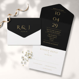 Zwart An Goud Monogram Minimalistische Trouwdatum All In One Uitnodiging