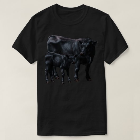 Zwart Angus Koe en Schattige Kalf 1 T-shirt (Design voorkant)