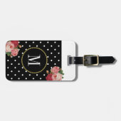Zwart Antiek Bloemen Polka Dots Goud Monogram Bagagelabel (Voorkant horizontaal)