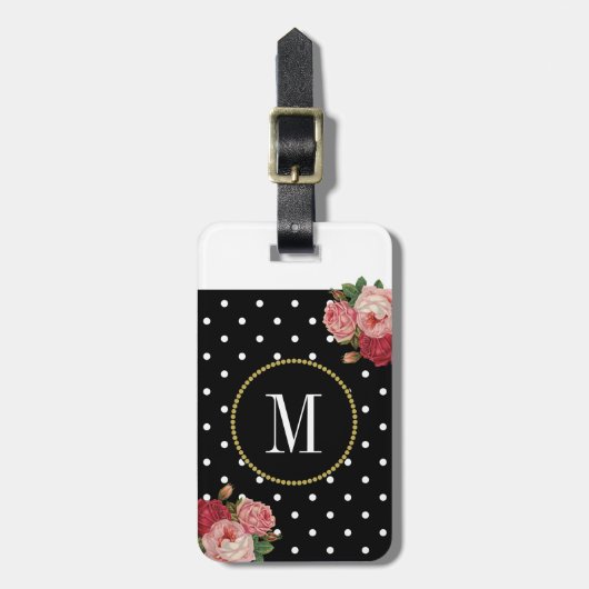 Zwart Antiek Bloemen Polka Dots Goud Monogram Bagagelabel (Voorkant verticaal)