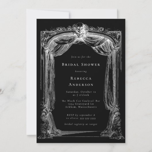 Zwart Antiek Gotisch Ornament Schedel Vrijgezellen Kaart (Voorkant)