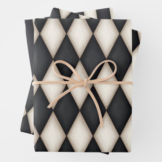 Zwart-Antiek witte Harlequin Diamonds & Stripes Inpakpapier Vel (In situ)