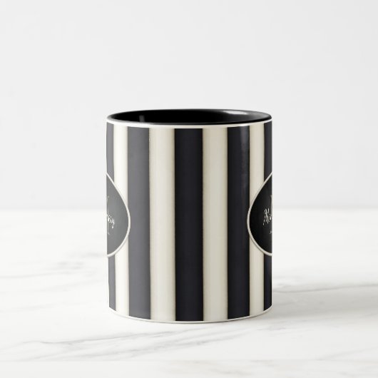 Zwart & Antiek Witte Strepen Brons Monogram Tweekleurige Koffiemok (Center)