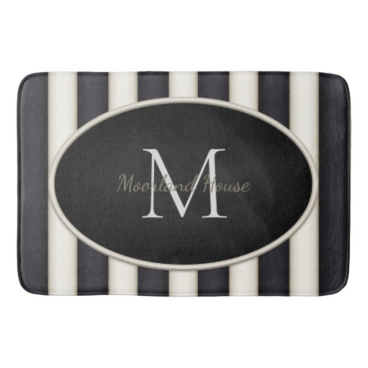 Zwart & Antiek Witte Strepen Ovaal ingelijst Monog Badmat (Voorkant)