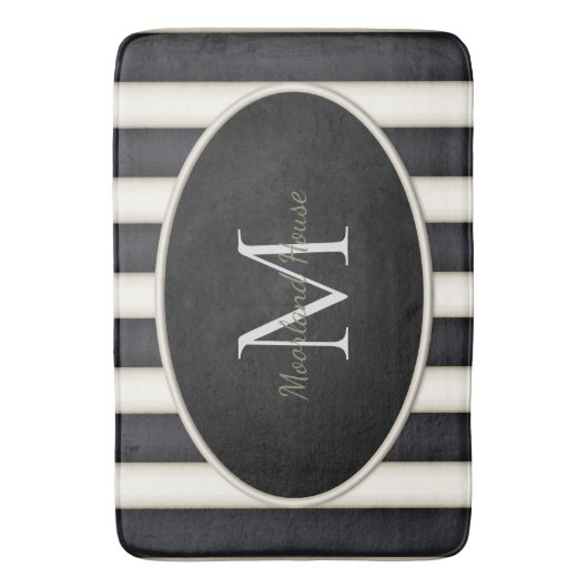 Zwart & Antiek Witte Strepen Ovaal ingelijst Monog Badmat (Voorkant Verticaal)