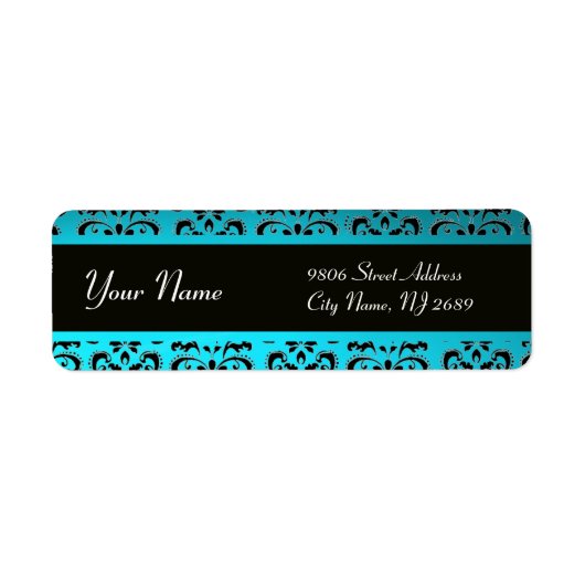 ZWART AQUA BLAUW BLAUWGROEN DAMASK ETIKET (Voorkant)