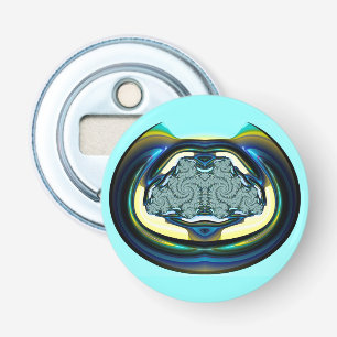 Zwart Aqua Blue en geel 3D Fractal ~ Button Flesopener