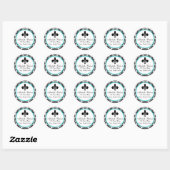 Zwart & Aqua Damask Fleur De Lys Adreslabel Ronde Sticker (Vel)