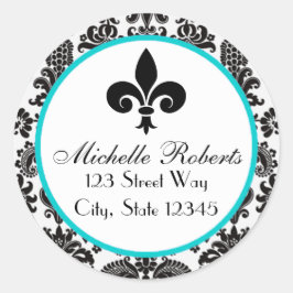Zwart & Aqua Damask Fleur De Lys Adreslabel Ronde Sticker