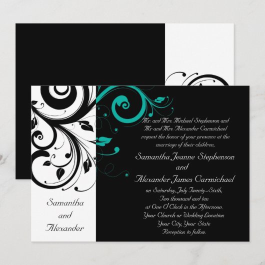 Zwart Aqua Swirl Bruiloft Traditioneel Kaart (Voorkant / Achterkant)