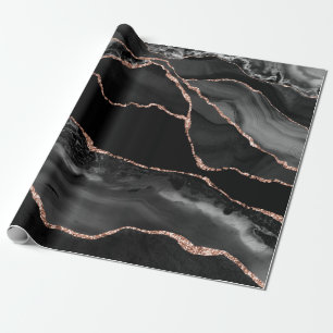 Zwart Aquarel Agate Nep Rose Goud Glitter Cadeaupapier