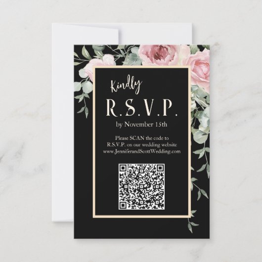 Zwart Aquarel Roze Bloem Bruiloft RSVP Kaartje (Voorkant)