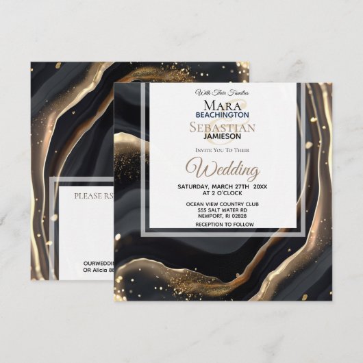 ~ Zwart AR66 RSVP Agaat Marmer QR Bruiloft Kaart (Voorkant / Achterkant)