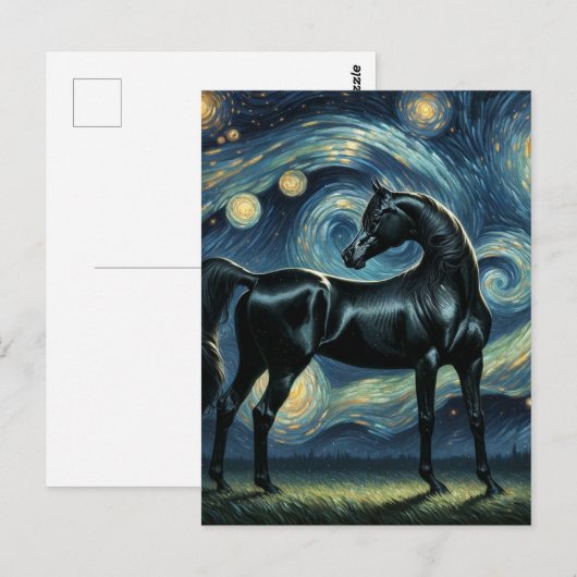 Zwart Arabisch Paard in Van Gogh Sterrennacht Briefkaart (Voorkant / Achterkant)