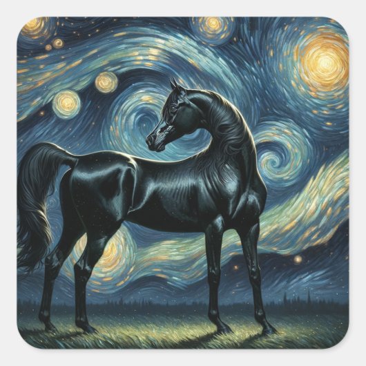 Zwart Arabisch Paard in Van Gogh Sterrennacht Vierkante Sticker (Voorkant)