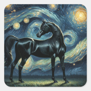 Zwart Arabisch Paard in Van Gogh Sterrennacht Vierkante Sticker