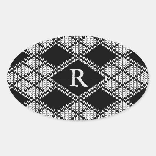 ZWART ARGYLE GEBREIDE ovale Stickers + Initiaal (Voorkant)