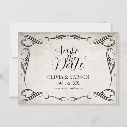 Zwart Art Deco Bruiloft Save the Date (Voorkant)