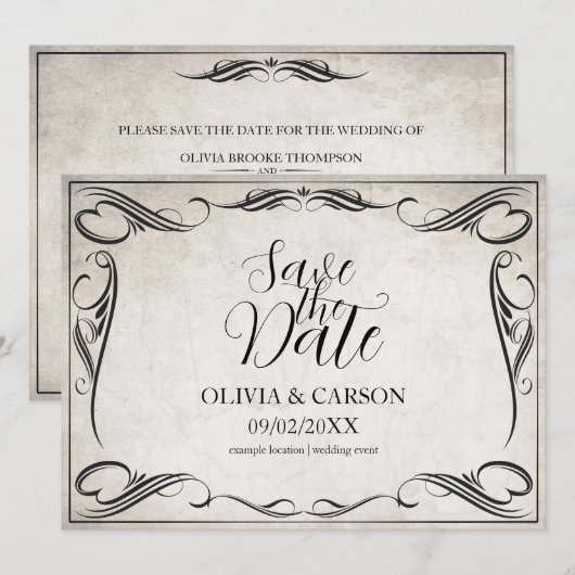 Zwart Art Deco Bruiloft Save the Date (Voorkant / Achterkant)