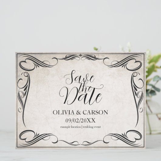 Zwart Art Deco Bruiloft Save the Date (Staand voorkant)