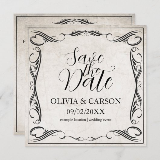 Zwart Art Deco Bruiloft Save the Date (Voorkant / Achterkant)