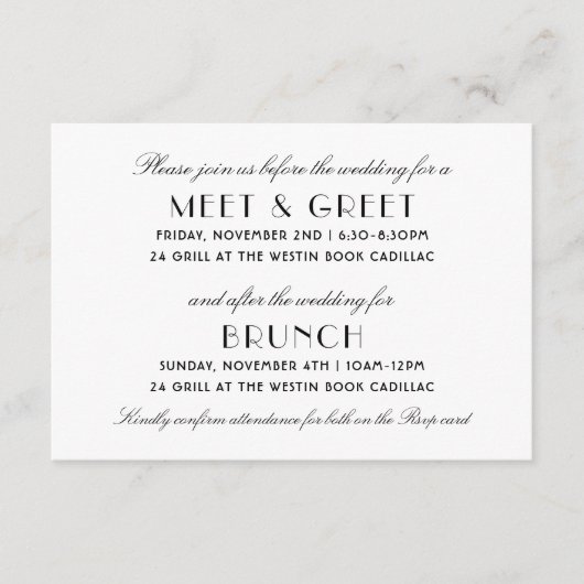 Zwart Art Deco Bruiloft Welkom en Brunch Informatiekaartje (Voorkant)