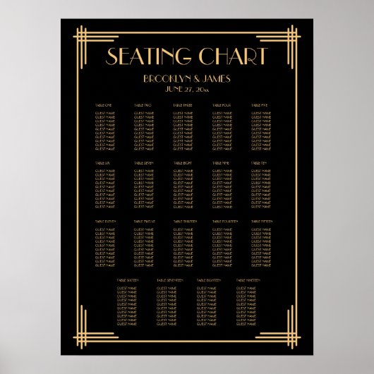 Zwart Art Deco Trouw Stoelen Chart 19 Tafels Poster (Voorkant)