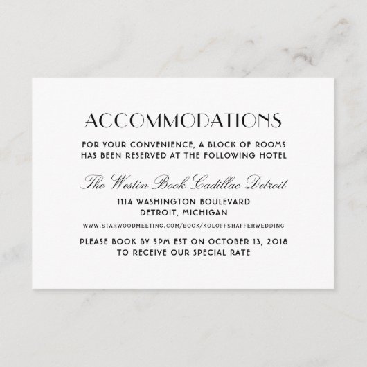Zwart Art Deco Trouwaccommodaties Informatiekaartje (Voorkant)