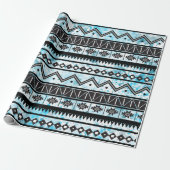 Zwart Aztec Tribal Pattern & Blauwe Waterverf Cadeaupapier (Uitgerold)