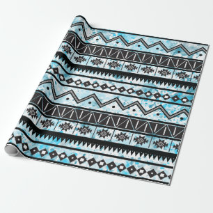 Zwart Aztec Tribal Pattern & Blauwe Waterverf Cadeaupapier