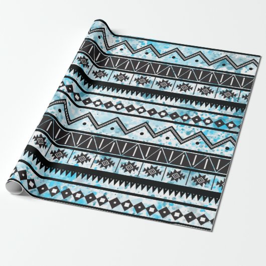 Zwart Aztec Tribal Pattern & Blauwe Waterverf Cadeaupapier (Uitgerold)