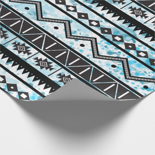 Zwart Aztec Tribal Pattern & Blauwe Waterverf Cadeaupapier (Hoek)