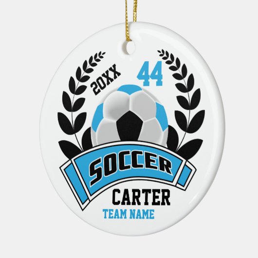 Zwart, Baby Blauw en Wit Personaliseer Voetbal ⚽ Keramisch Ornament (Links)