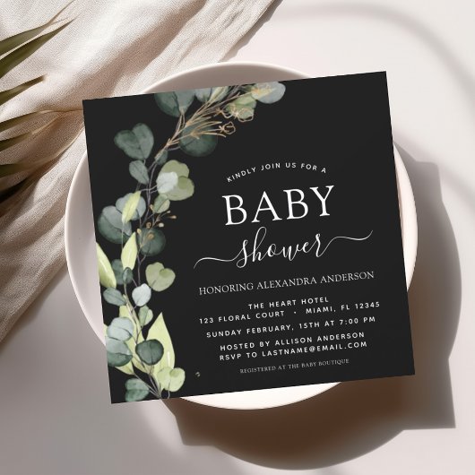Zwart Baby shower groen eucalyptus Kaart