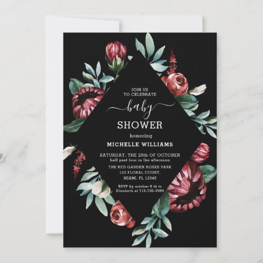 Zwart Baby shower met roodrozen — Floral invitatio Kaart (Voorkant)