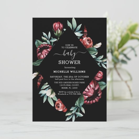 Zwart Baby shower met roodrozen — Floral invitatio Kaart (Staand voorkant)