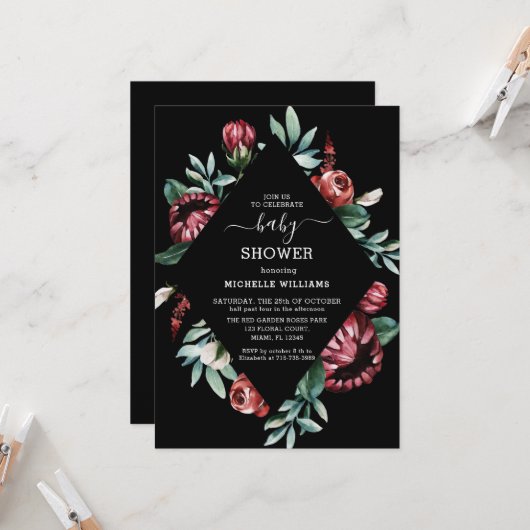 Zwart Baby shower met roodrozen — Floral invitatio Kaart (Voorkant / Achterkant in situ)