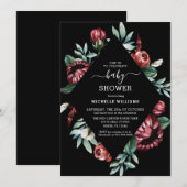 Zwart Baby shower met roodrozen — Floral invitatio Kaart (Voorkant / Achterkant)