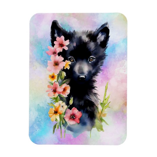 Zwart Baby Wolf cub waterverf kunst schilderij Magneet (Verticaal)