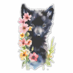 Zwart Baby Wolf cub waterverf kunst schilderij Sticker