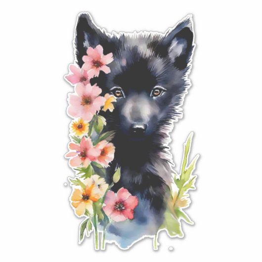 Zwart Baby Wolf cub waterverf kunst schilderij Sticker (Voorkant)