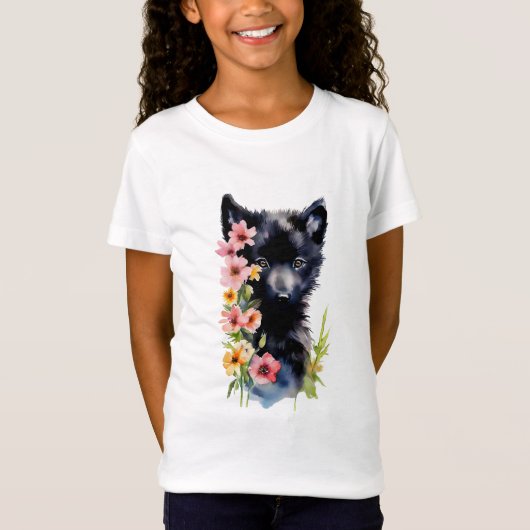 Zwart Baby Wolf cub waterverf kunst schilderij T-shirt (Voorkant)