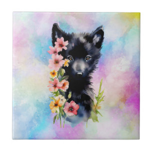 Zwart Baby Wolf cub waterverf kunst schilderij Tegeltje