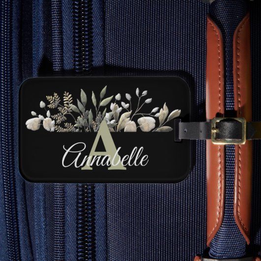 Zwart Bagagelabel met zwarte botanische bladeren (Voorkant Insitu 4)
